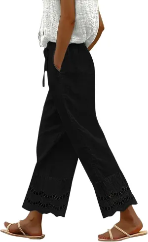 Women Dress Pants Summer Elastic Waist Drawstring Hem Stitching Lace Straight Leg Trousers Summer Pants with Pockets