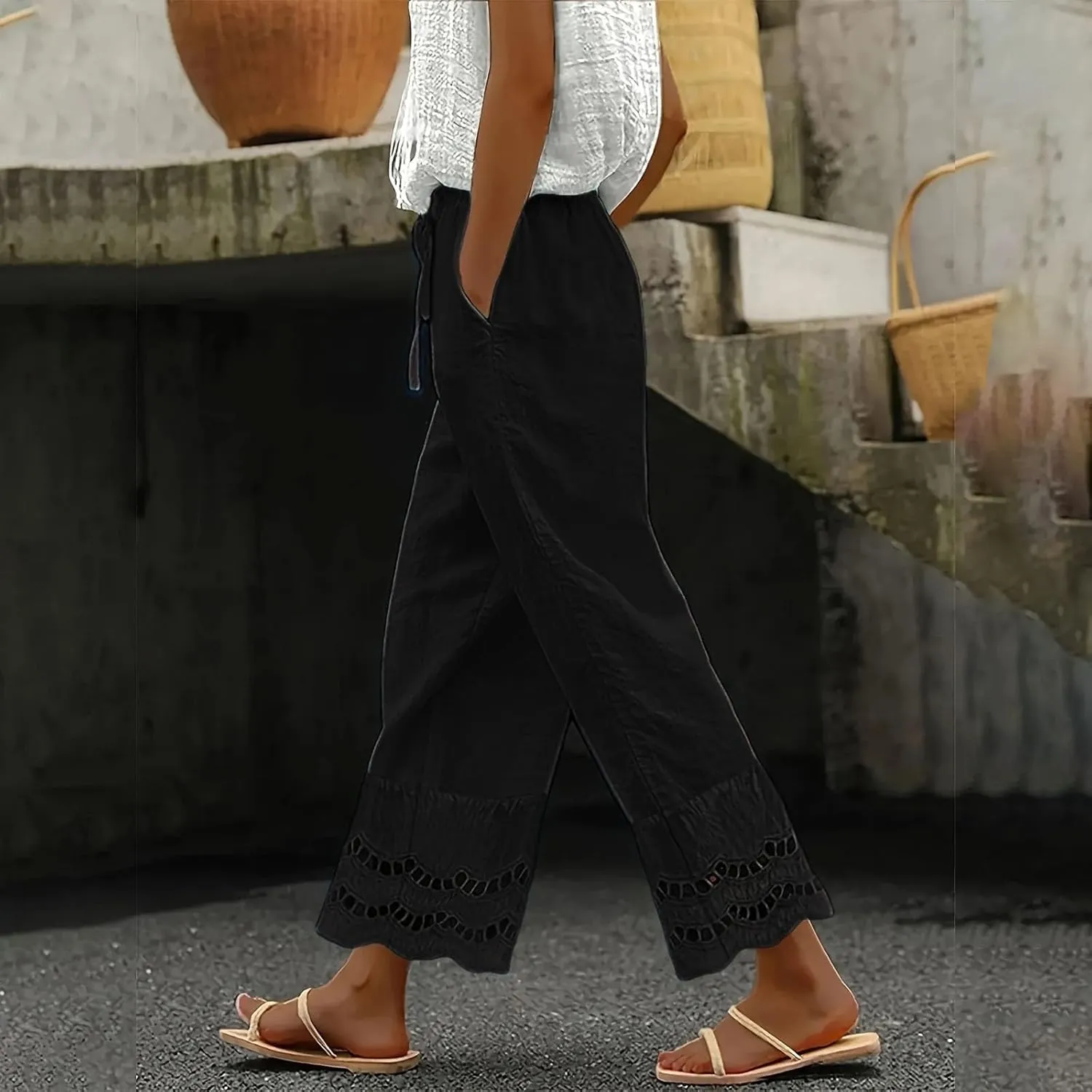 Women Dress Pants Summer Elastic Waist Drawstring Hem Stitching Lace Straight Leg Trousers Summer Pants with Pockets