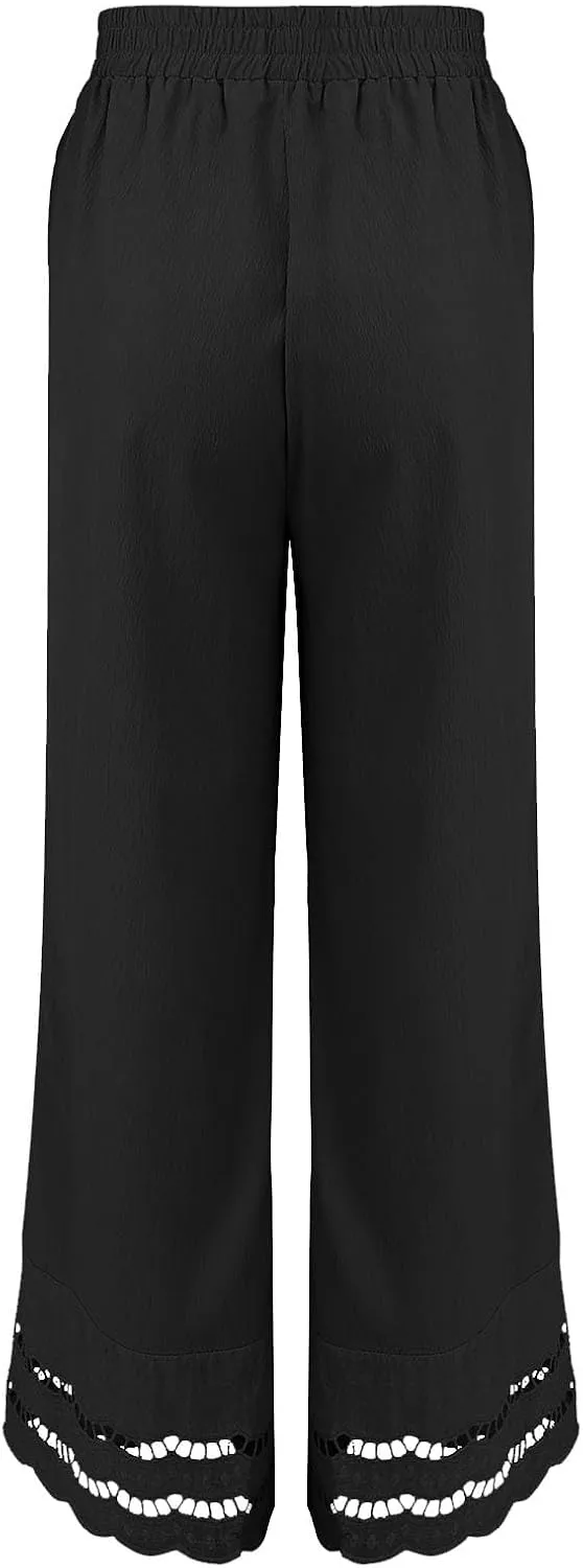 Women Dress Pants Summer Elastic Waist Drawstring Hem Stitching Lace Straight Leg Trousers Summer Pants with Pockets