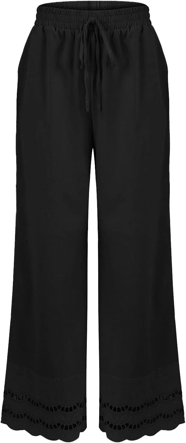 Women Dress Pants Summer Elastic Waist Drawstring Hem Stitching Lace Straight Leg Trousers Summer Pants with Pockets