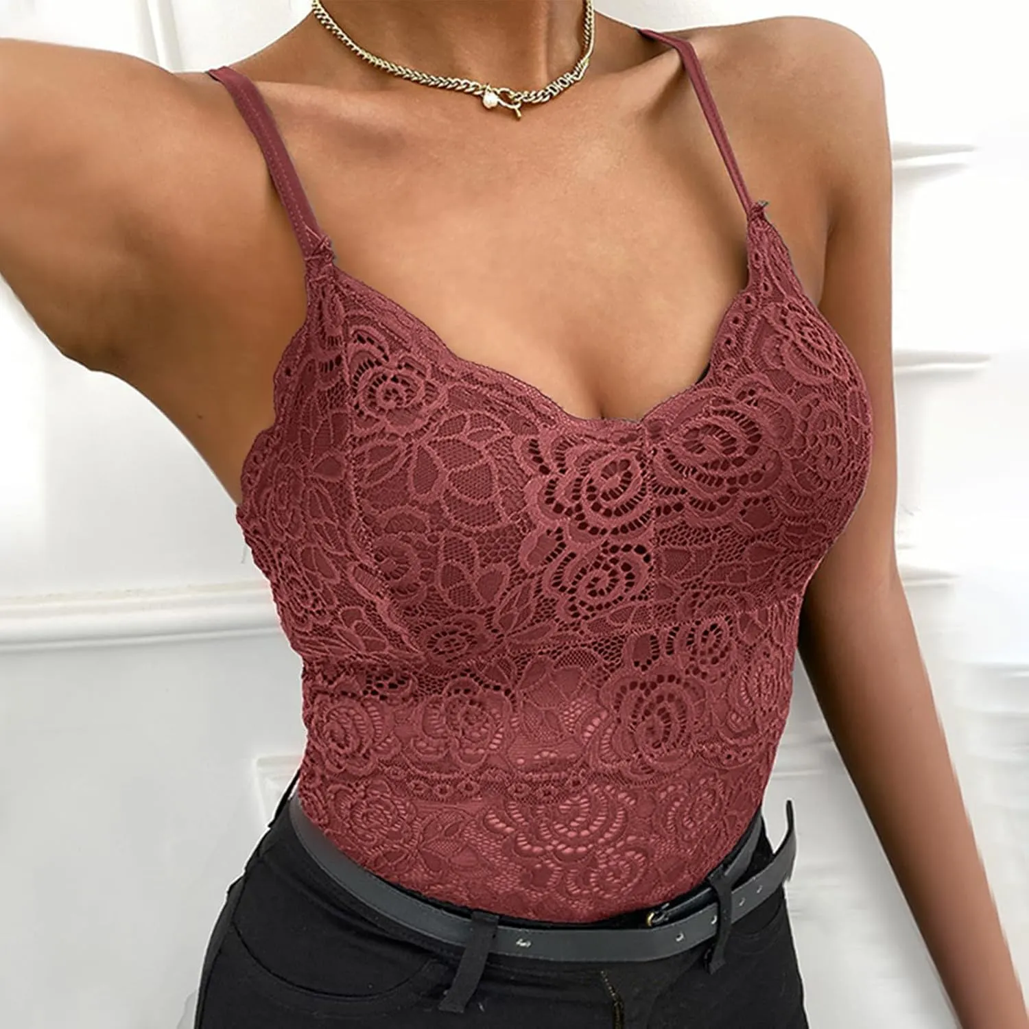 Women Floral Lace Cami Crop Top Sleeveless Cut Out Back Spaghetti Strap Slim Yoga Workout Tank Tops Sexy Camisoles