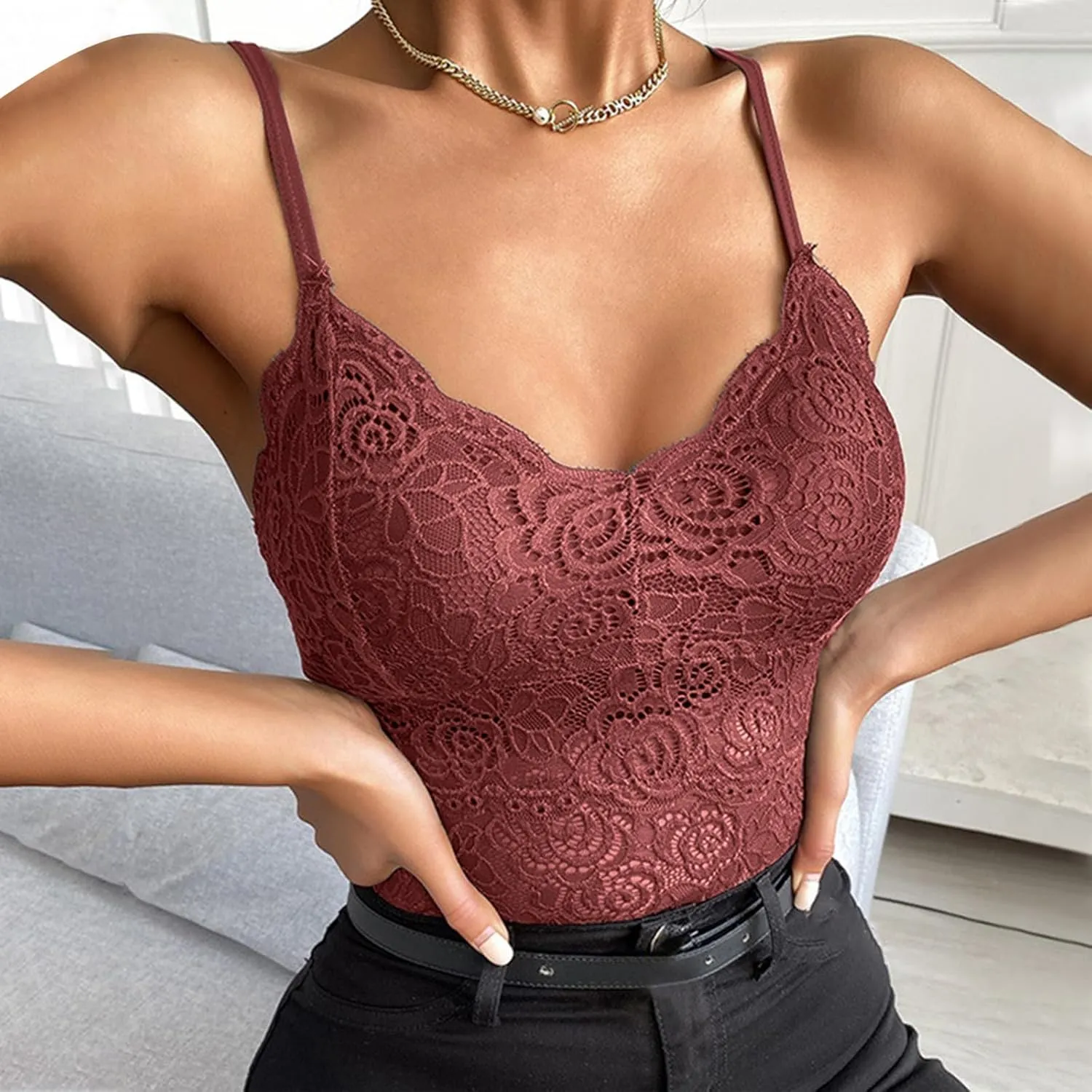 Women Floral Lace Cami Crop Top Sleeveless Cut Out Back Spaghetti Strap Slim Yoga Workout Tank Tops Sexy Camisoles