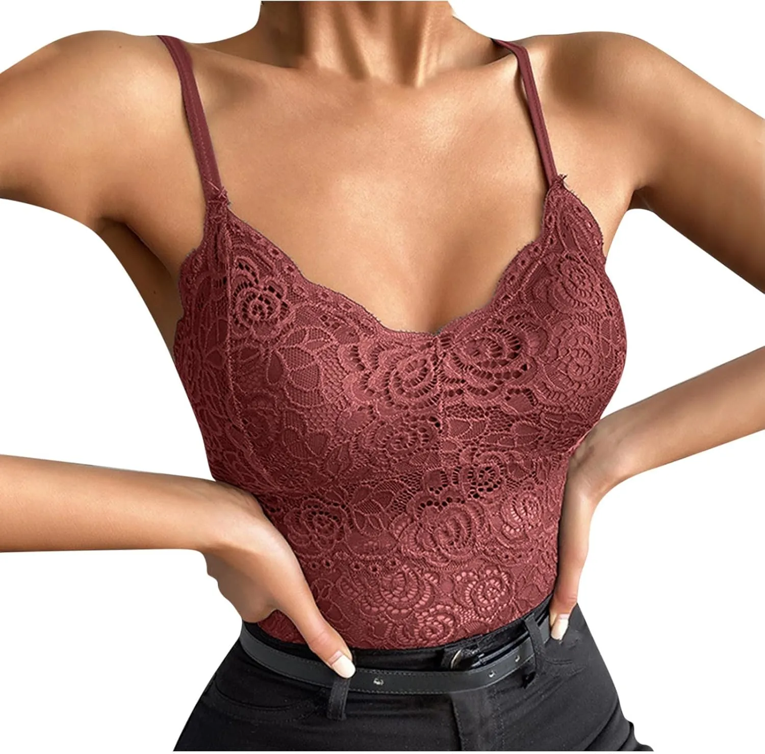 Women Floral Lace Cami Crop Top Sleeveless Cut Out Back Spaghetti Strap Slim Yoga Workout Tank Tops Sexy Camisoles