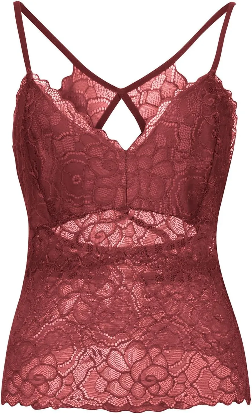 Women Floral Lace Cami Crop Top Sleeveless Cut Out Back Spaghetti Strap Slim Yoga Workout Tank Tops Sexy Camisoles
