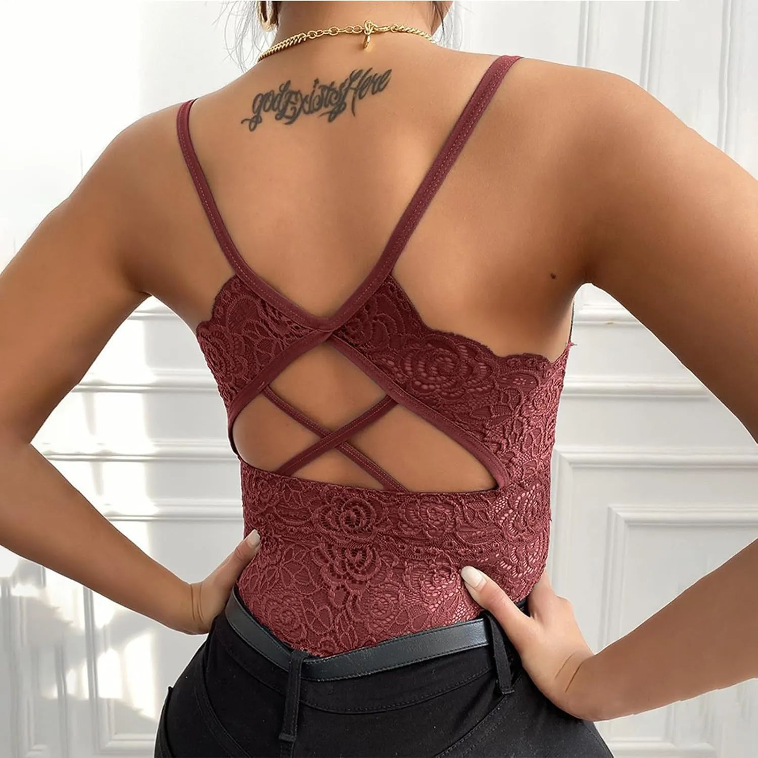 Women Floral Lace Cami Crop Top Sleeveless Cut Out Back Spaghetti Strap Slim Yoga Workout Tank Tops Sexy Camisoles