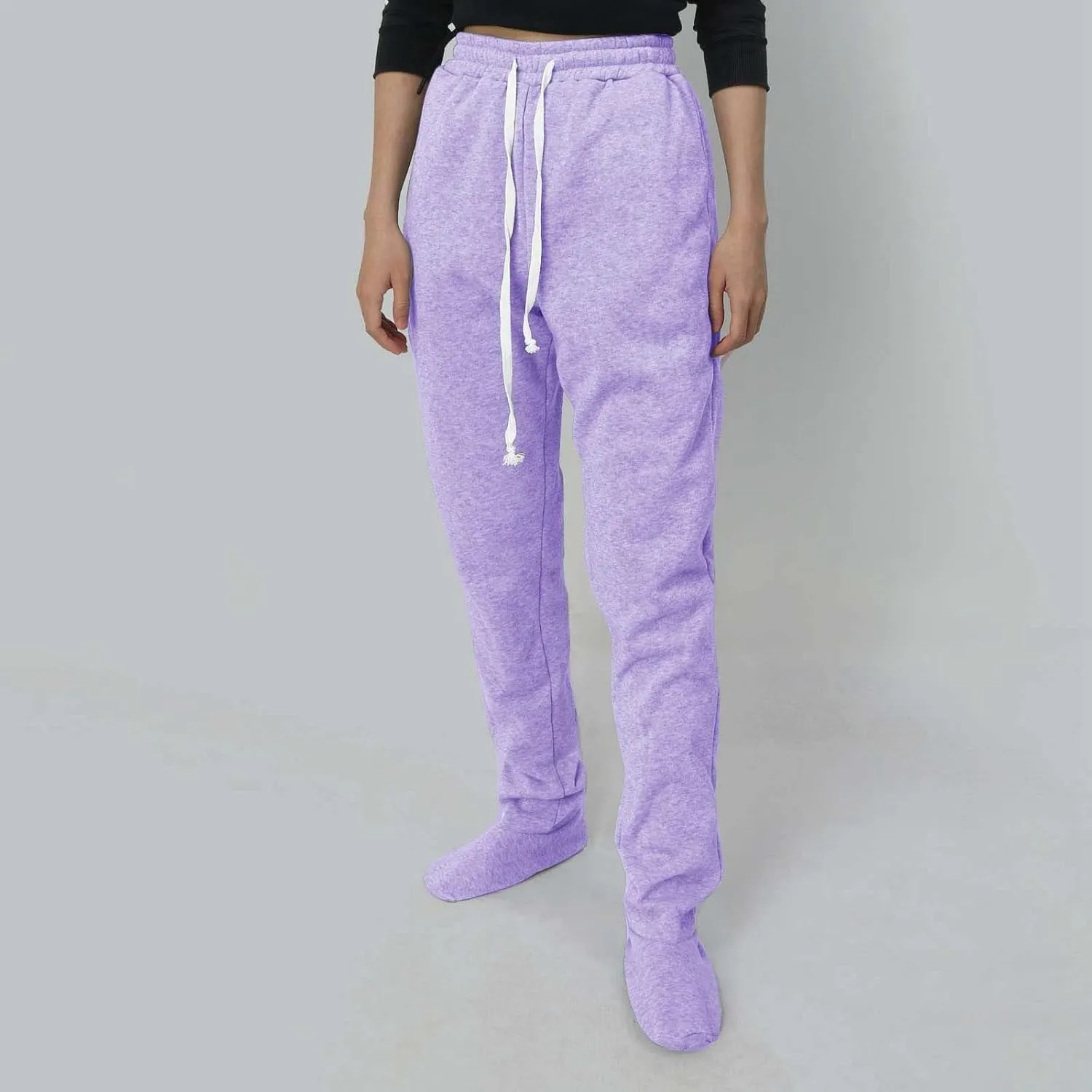 Women Footed Sweatpants Sherpa Fleece Lined Drawstring Pants Winter Soft Warm Nightwear Loungewear Solid Footed Loose Pajamas
