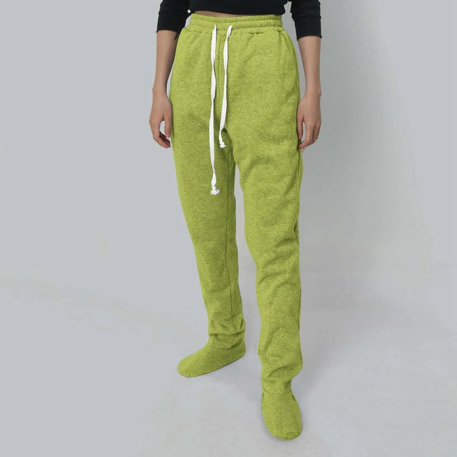 Women Footed Sweatpants Sherpa Fleece Lined Drawstring Pants Winter Soft Warm Nightwear Loungewear Solid Footed Loose Pajamas