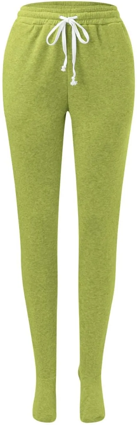 Women Footed Sweatpants Sherpa Fleece Lined Drawstring Pants Winter Soft Warm Nightwear Loungewear Solid Footed Loose Pajamas