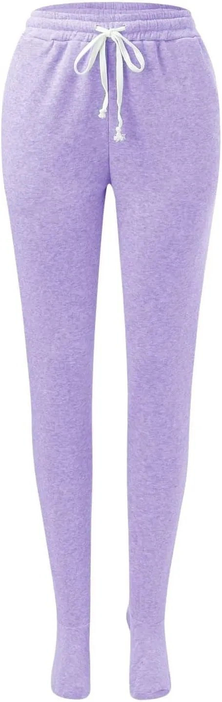 Women Footed Sweatpants Sherpa Fleece Lined Drawstring Pants Winter Soft Warm Nightwear Loungewear Solid Footed Loose Pajamas