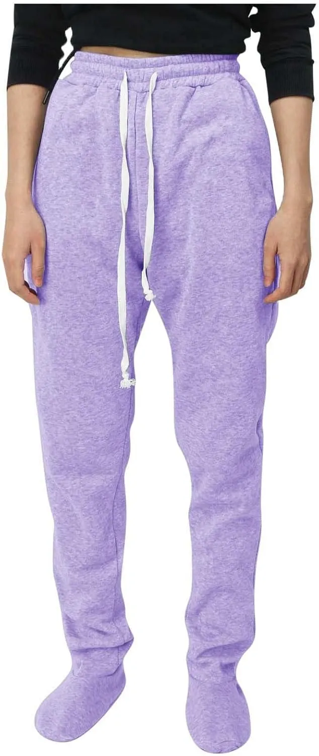 Women Footed Sweatpants Sherpa Fleece Lined Drawstring Pants Winter Soft Warm Nightwear Loungewear Solid Footed Loose Pajamas