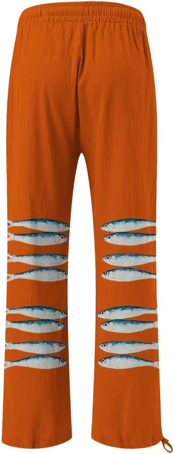 Women High Waisted Wide Leg Fish Art Printed Pants Casual Long Loungewear Pants Summer Beach Trousers with Pockets