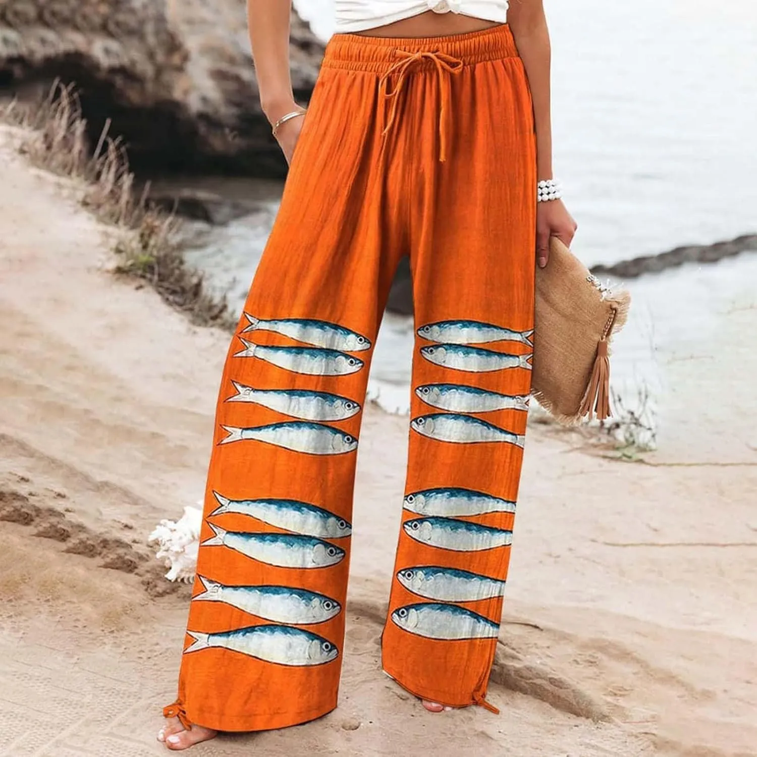 Women High Waisted Wide Leg Fish Art Printed Pants Casual Long Loungewear Pants Summer Beach Trousers with Pockets
