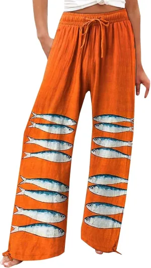 Women High Waisted Wide Leg Fish Art Printed Pants Casual Long Loungewear Pants Summer Beach Trousers with Pockets