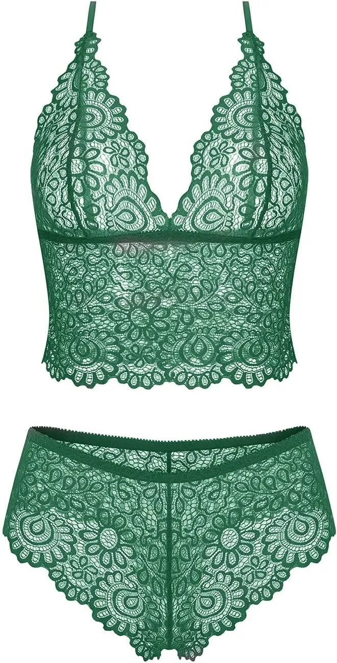 Women Lace Lingerie Bralette Bra and Panty Set Underwear 2 Piece Babydoll Sleepwear Bodysuit