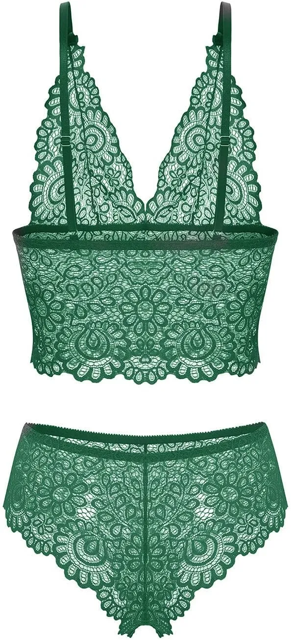 Women Lace Lingerie Bralette Bra and Panty Set Underwear 2 Piece Babydoll Sleepwear Bodysuit