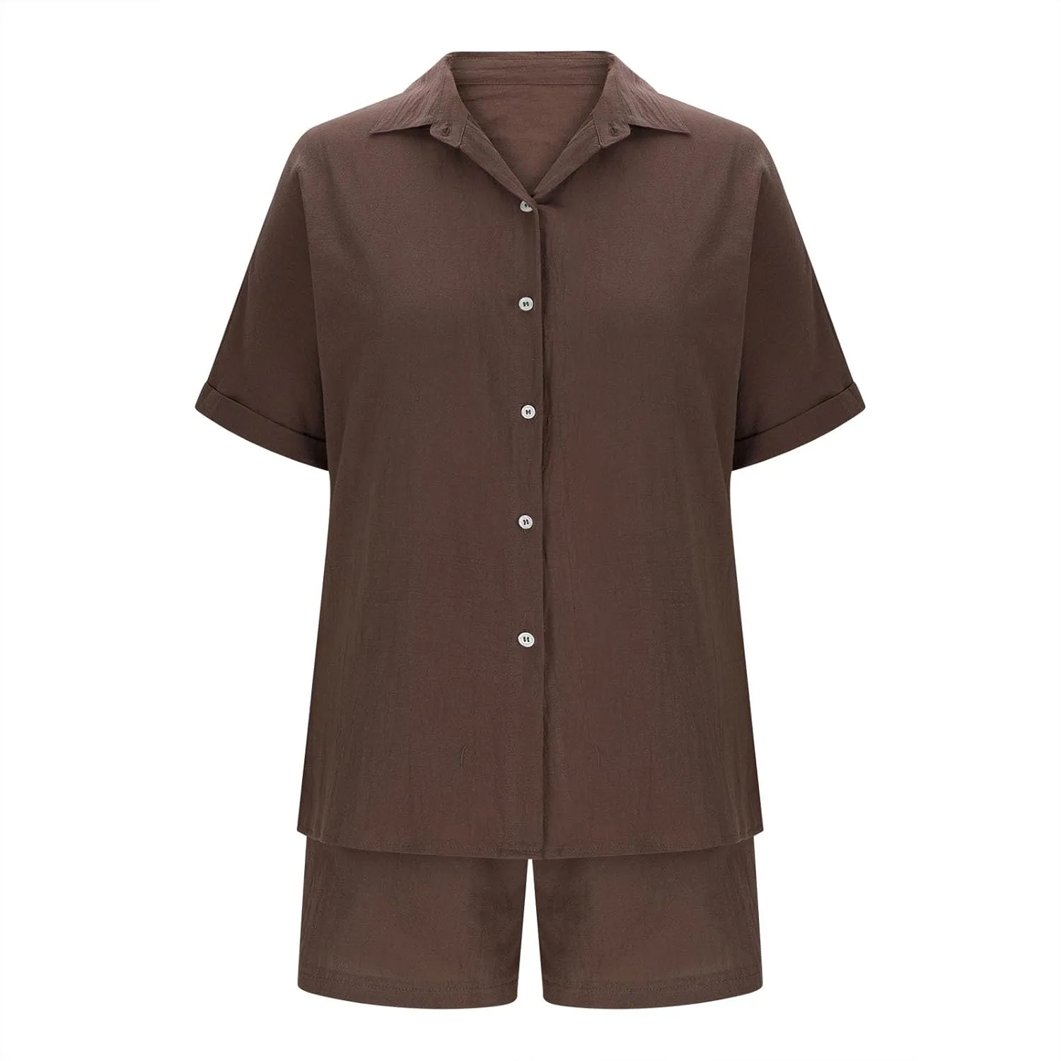 Women Linen Cotton Short Sets 2 Piece Outfits Button Down Short Sleeve Shirt Dressy Casual Summer Loungewear