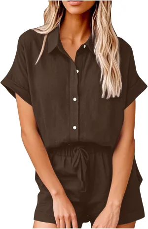 Women Linen Cotton Short Sets 2 Piece Outfits Button Down Short Sleeve Shirt Dressy Casual Summer Loungewear