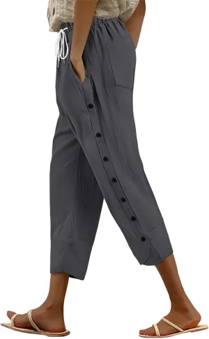 Women Linen Pants 2025 Wide Leg Casual Adjustable Tie Palazzo Pant Cotton Lounge Beach Summer Trousers with Pockets