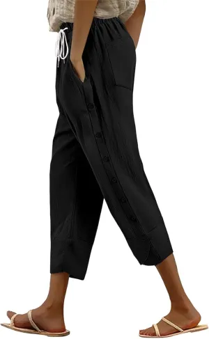 Women Linen Pants 2025 Wide Leg Casual Adjustable Tie Palazzo Pant Cotton Lounge Beach Summer Trousers with Pockets