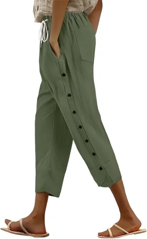 Women Linen Pants 2025 Wide Leg Casual Adjustable Tie Palazzo Pant Cotton Lounge Beach Summer Trousers with Pockets