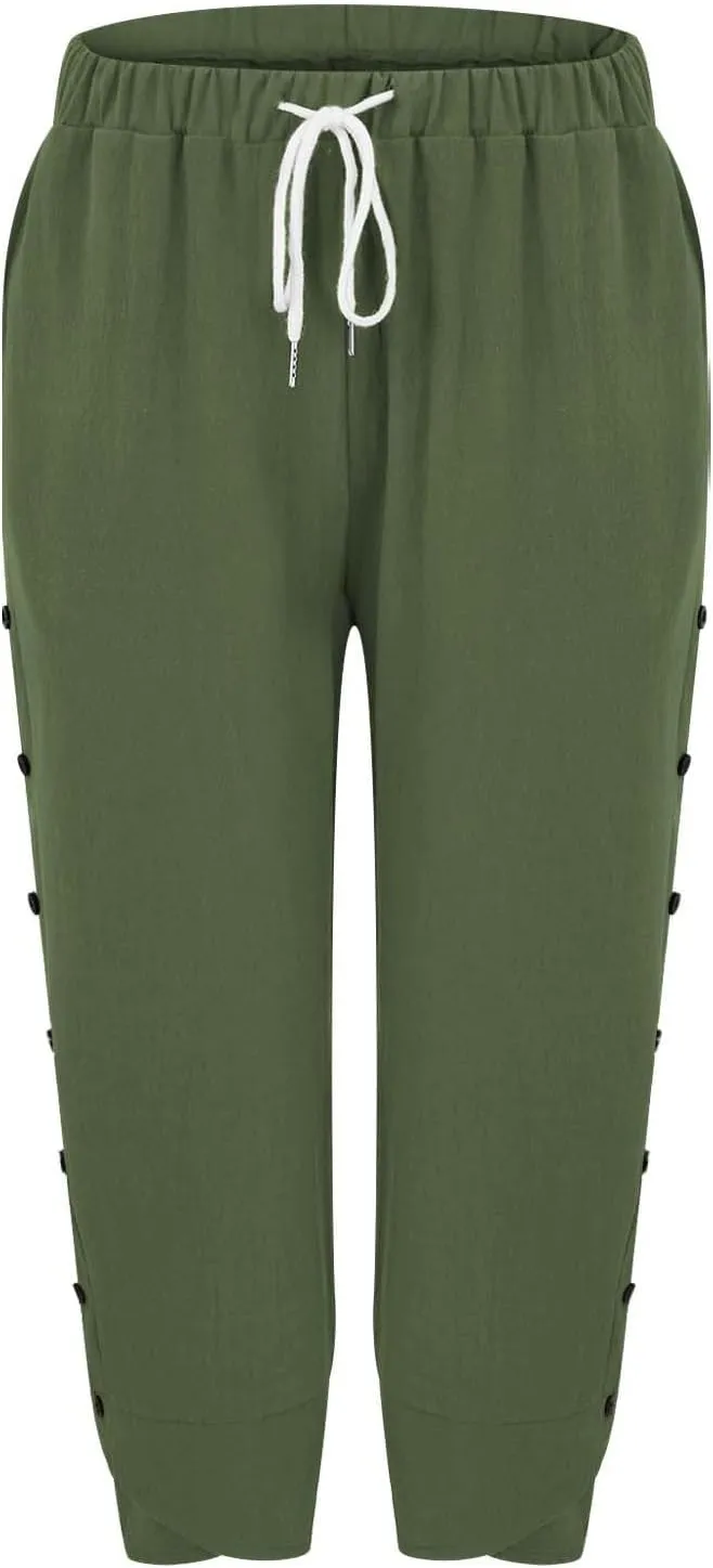 Women Linen Pants 2025 Wide Leg Casual Adjustable Tie Palazzo Pant Cotton Lounge Beach Summer Trousers with Pockets