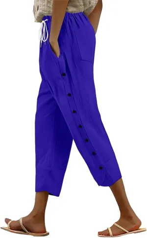Women Linen Pants 2025 Wide Leg Casual Adjustable Tie Palazzo Pant Cotton Lounge Beach Summer Trousers with Pockets