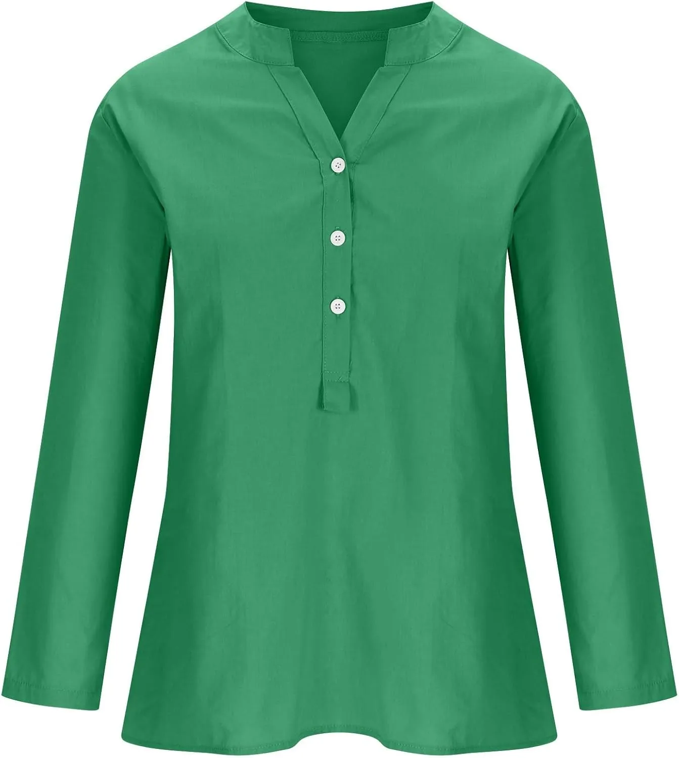 Women Linen Shirts V-Neck Buttons Blouse Plain Solid Comfy Tee Top Long Sleeve Loose T-Shirts
