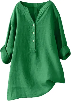 Women Linen Shirts V-Neck Buttons Blouse Plain Solid Comfy Tee Top Long Sleeve Loose T-Shirts