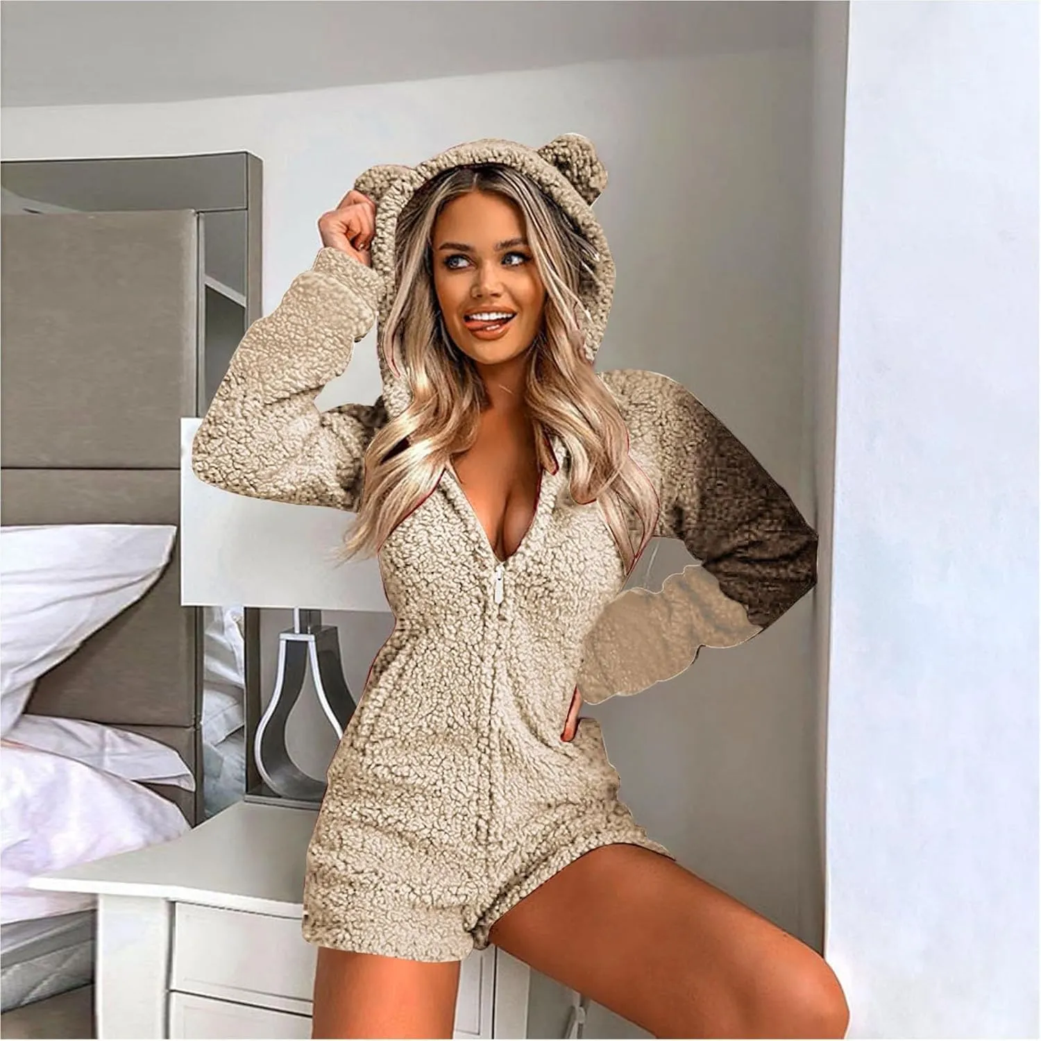 Women Plush Hooded Rompers Girls Cute Fuzzy Fleece Jumpsuit Casual Winter Warm Outfits Loungewear Homewear