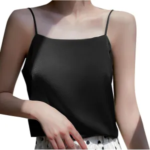 Women Satin Spaghetti Strap Tank Tops Square Neck Sleeveless Cami Shirts Club Party Camisole Summer Basic Undershirt