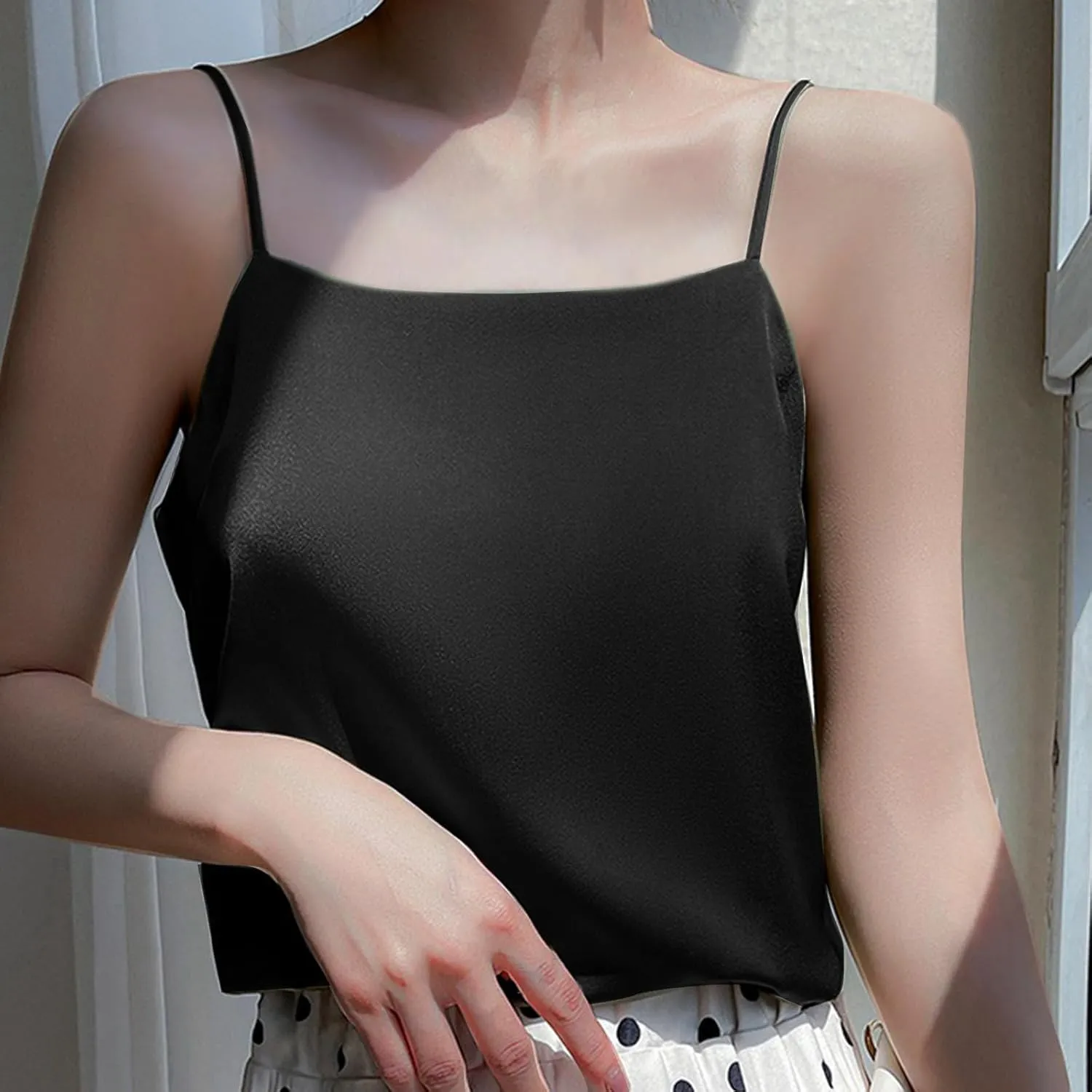 Women Satin Spaghetti Strap Tank Tops Square Neck Sleeveless Cami Shirts Club Party Camisole Summer Basic Undershirt