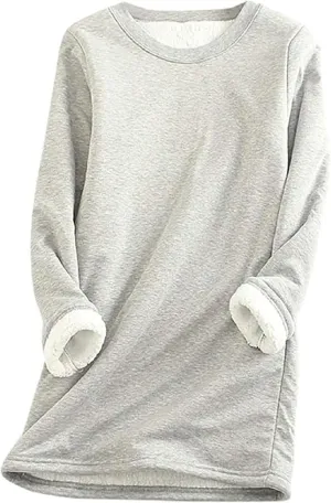 Women Sherpa Lined Fleece Fleece Crewneck Sweatshirt Winter Warm Pullover Loungewear Oversized Soft Tunic Outerwear