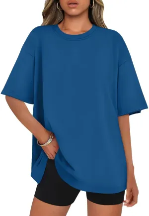 Women Short Sleeve T Shirts Oversized Tee Loose Fit Basic Tops Drop Shoulder Round Neck Workout Tops Tees Dark Blue
