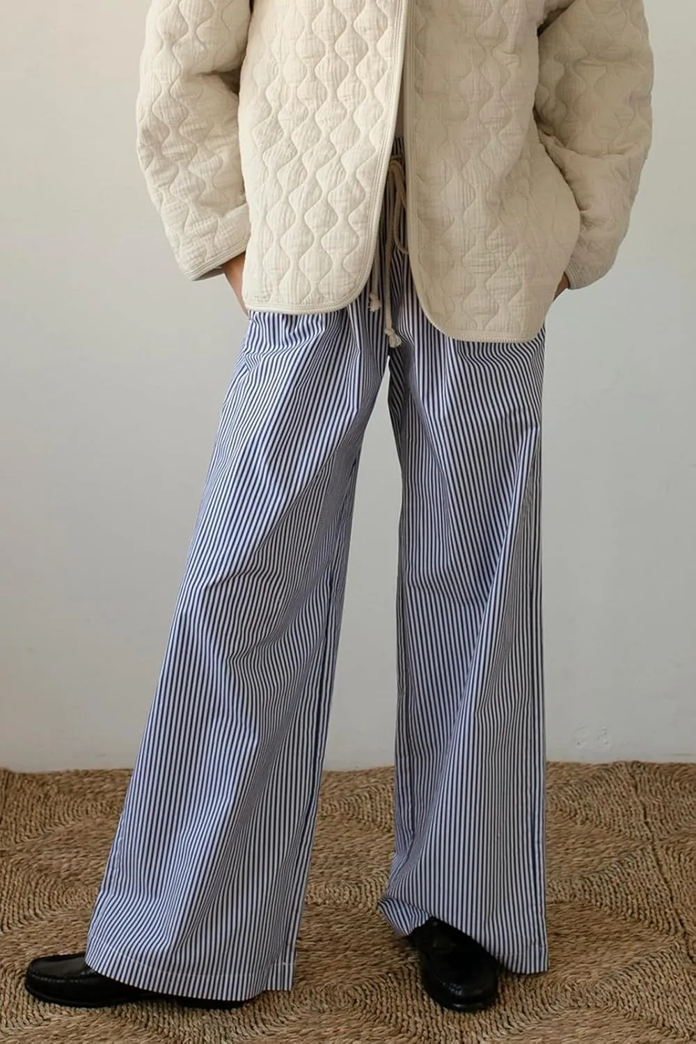 Women Striped Pajamas Pants Y2K Linen Baggy Wide Leg Lounge Pants Comfy Pjs Bottom Trousers with Pockets