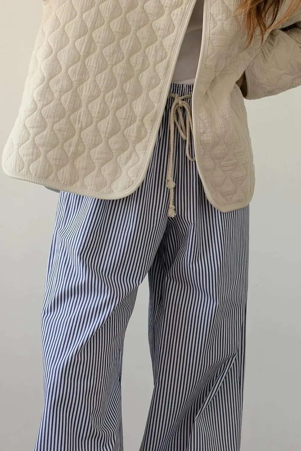 Women Striped Pajamas Pants Y2K Linen Baggy Wide Leg Lounge Pants Comfy Pjs Bottom Trousers with Pockets