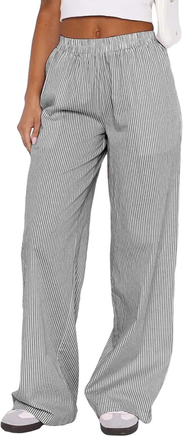 Women Striped Pajamas Pants Y2K Linen Baggy Wide Leg Lounge Pants Comfy Pjs Bottom Trousers with Pockets