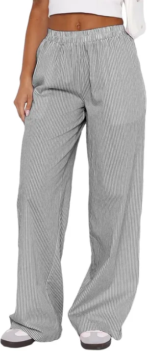 Women Striped Pajamas Pants Y2K Linen Baggy Wide Leg Lounge Pants Comfy Pjs Bottom Trousers with Pockets
