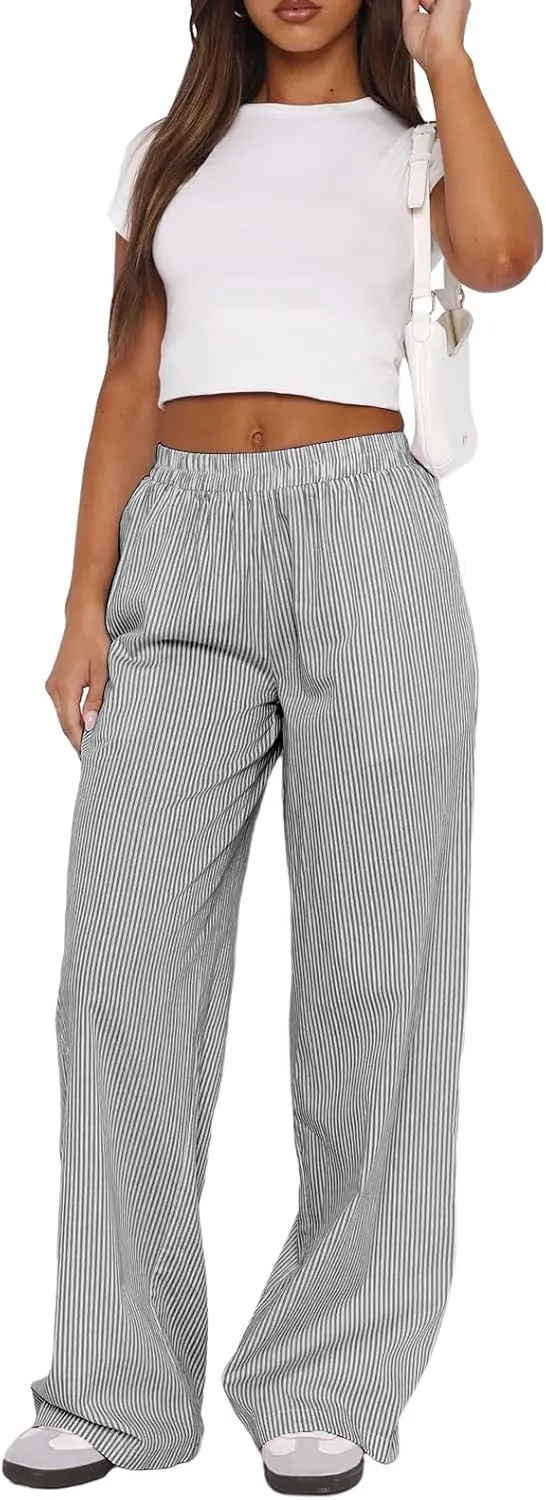 Women Striped Pajamas Pants Y2K Linen Baggy Wide Leg Lounge Pants Comfy Pjs Bottom Trousers with Pockets