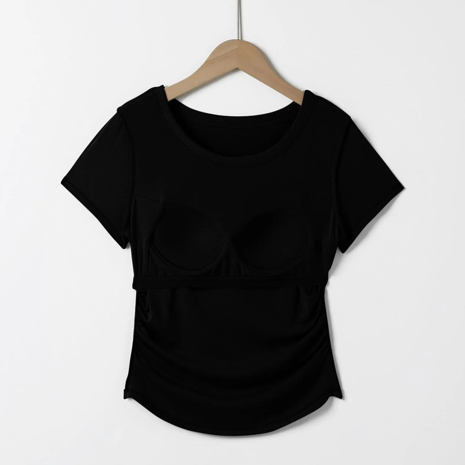 Women Summer Shirts Ruched Side Basic Tees with Built in Shelf Bras Padded Casual Slim Short Sleeve Workout Yoga Tops
