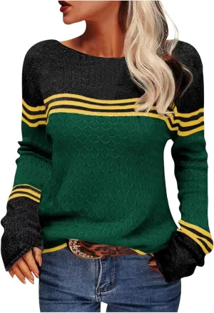 Women Trendy Jumper Striped Pullover Sweater Casual Lightweight Knit Tops Soft Fall Cable Sweaters Knitwear Shirts