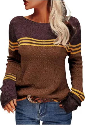 Women Trendy Jumper Striped Pullover Sweater Casual Lightweight Knit Tops Soft Fall Cable Sweaters Knitwear Shirts