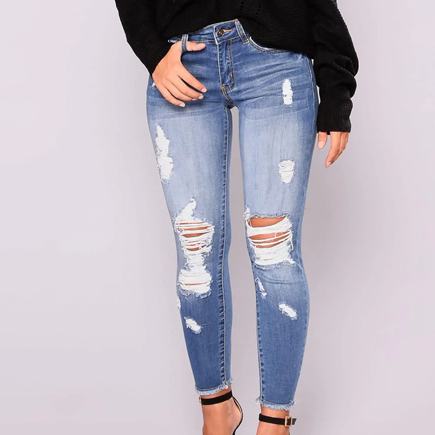 Women Trendy Skinny Denim Pants Casual Ripped Frayed Jeans Slim Fit High Waist Tight Denim Pencil Pant Slacks
