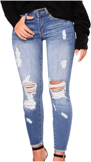Women Trendy Skinny Denim Pants Casual Ripped Frayed Jeans Slim Fit High Waist Tight Denim Pencil Pant Slacks