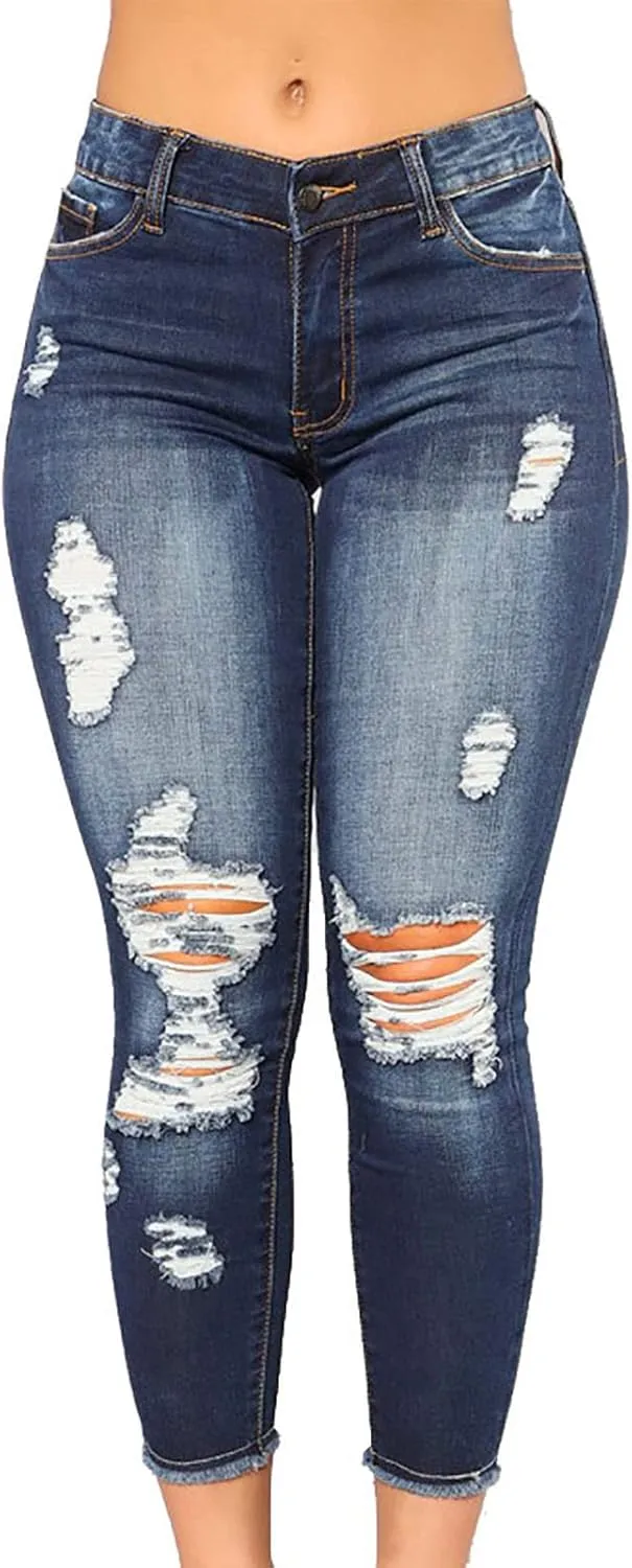 Women Trendy Skinny Denim Pants Casual Ripped Frayed Jeans Slim Fit High Waist Tight Denim Pencil Pant Slacks