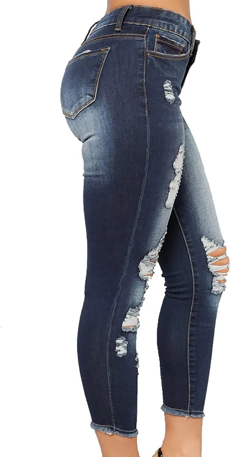 Women Trendy Skinny Denim Pants Casual Ripped Frayed Jeans Slim Fit High Waist Tight Denim Pencil Pant Slacks