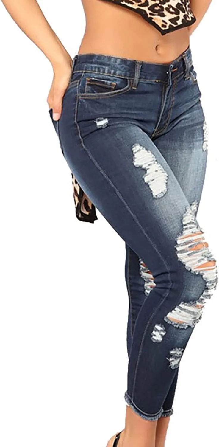 Women Trendy Skinny Denim Pants Casual Ripped Frayed Jeans Slim Fit High Waist Tight Denim Pencil Pant Slacks