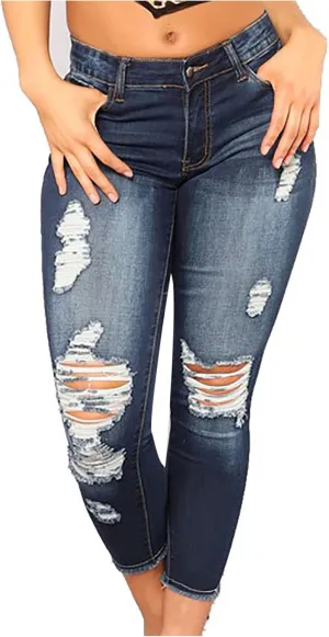 Women Trendy Skinny Denim Pants Casual Ripped Frayed Jeans Slim Fit High Waist Tight Denim Pencil Pant Slacks