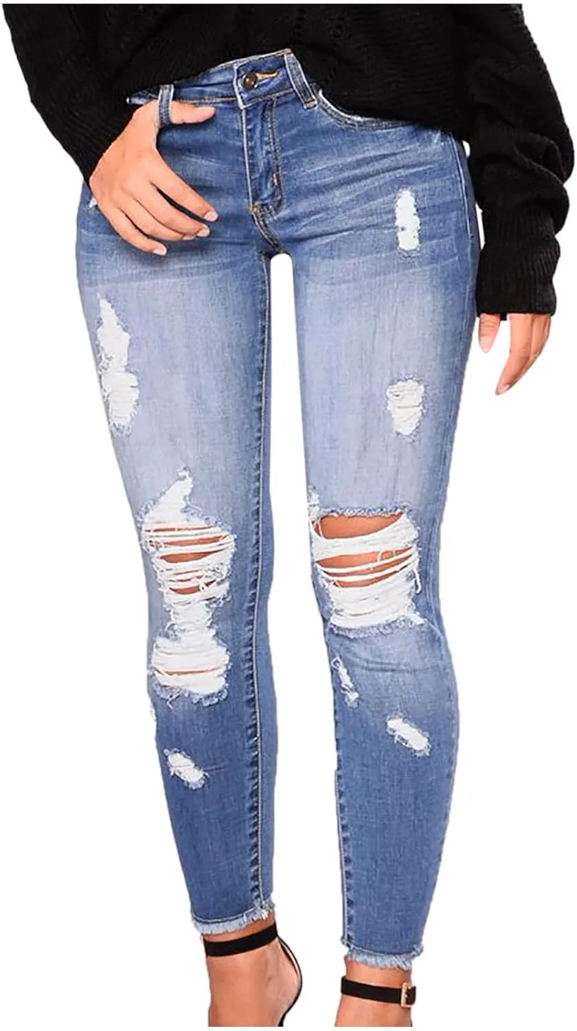 Women Trendy Skinny Denim Pants Casual Ripped Frayed Jeans Slim Fit High Waist Tight Denim Pencil Pant Slacks