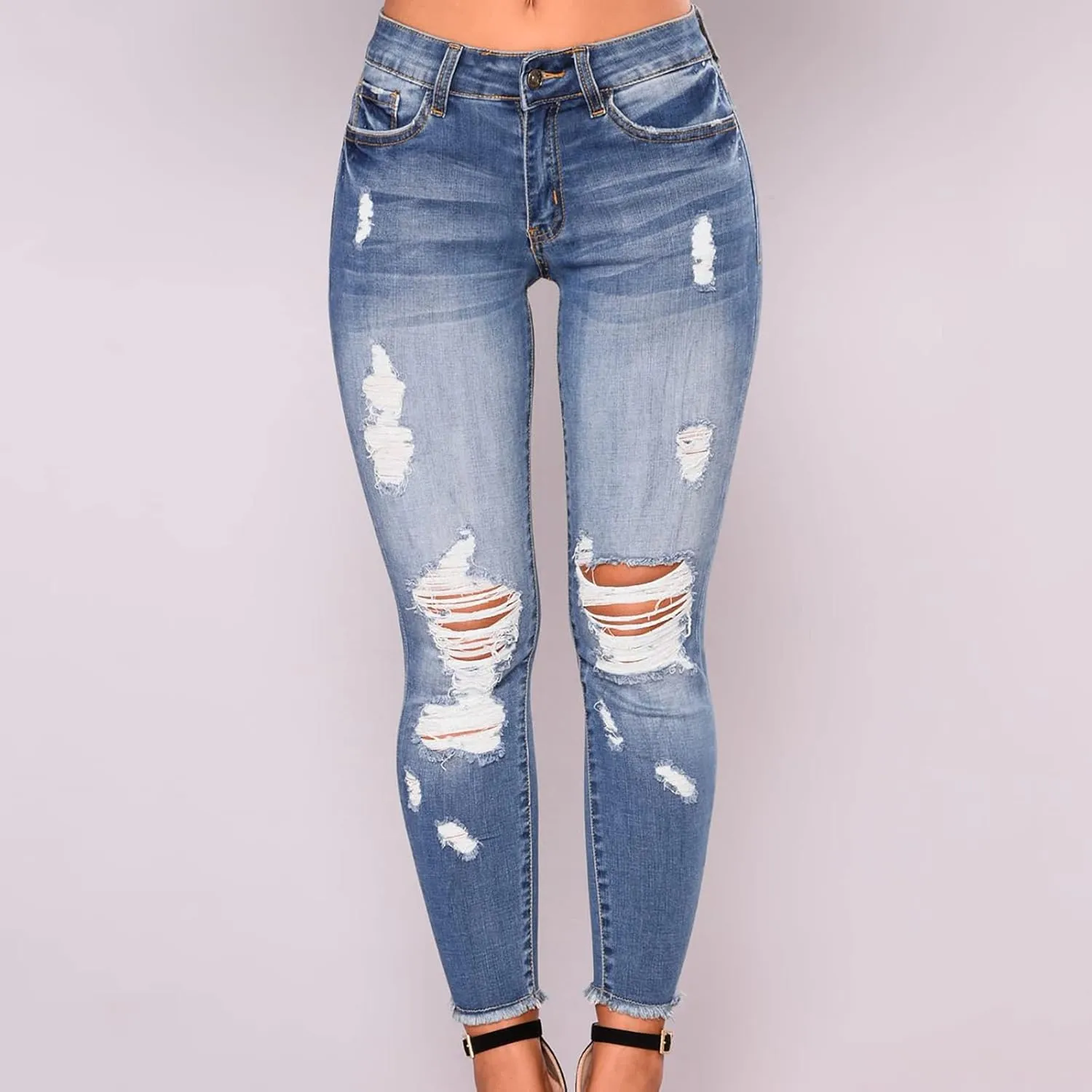 Women Trendy Skinny Denim Pants Casual Ripped Frayed Jeans Slim Fit High Waist Tight Denim Pencil Pant Slacks