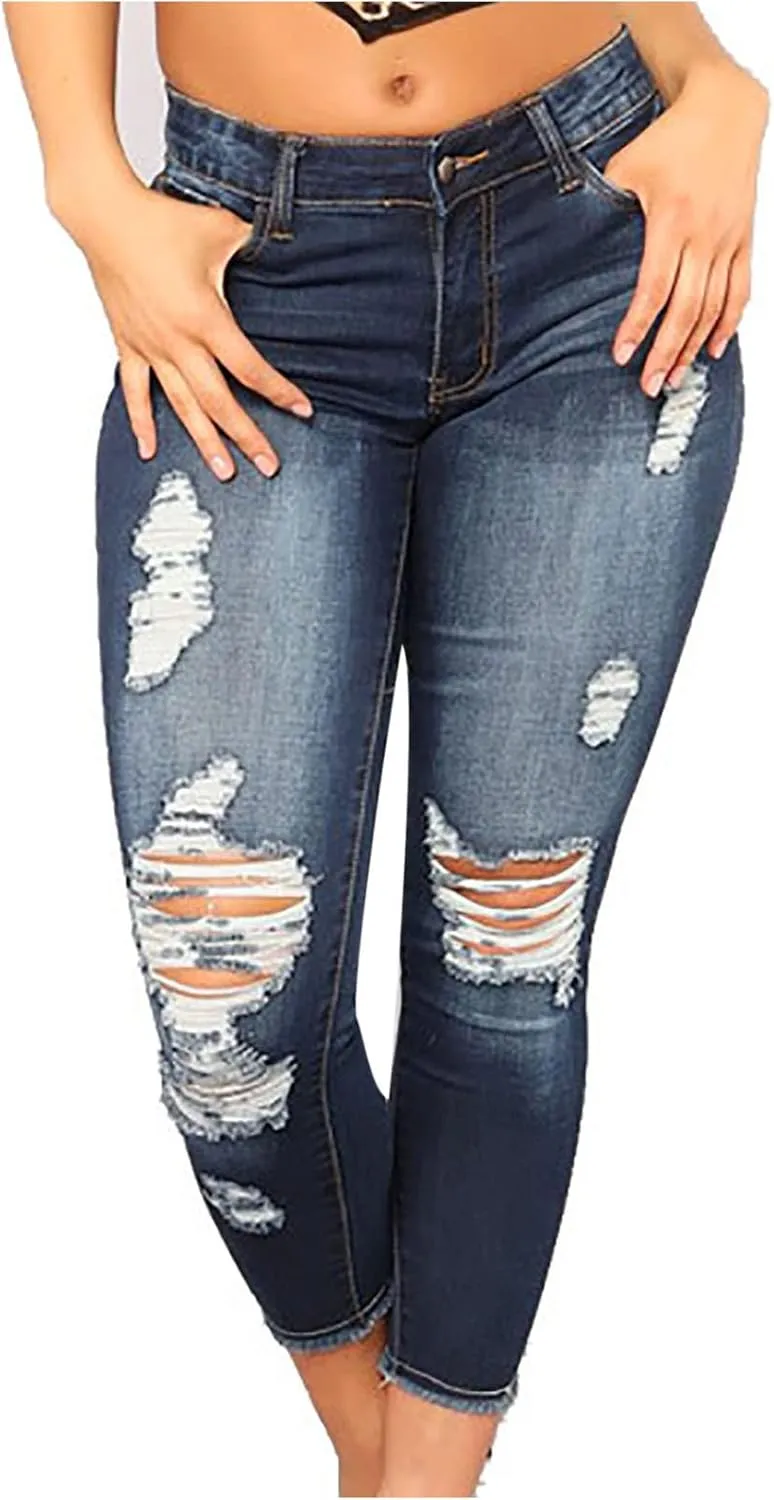 Women Trendy Skinny Denim Pants Casual Ripped Frayed Jeans Slim Fit High Waist Tight Denim Pencil Pant Slacks